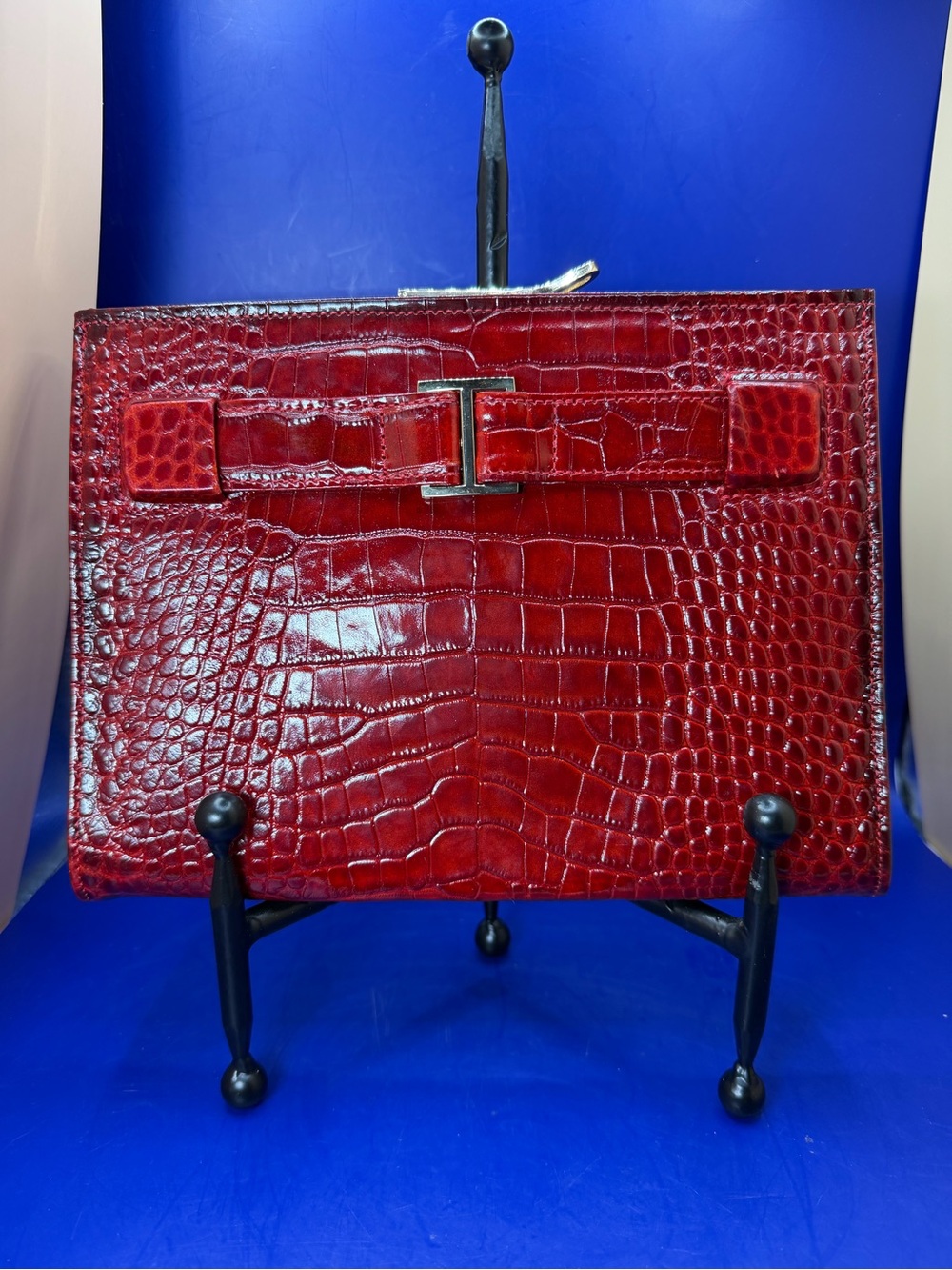 Abas Red Croc-Embossed Leather Clutch with Gold Accent